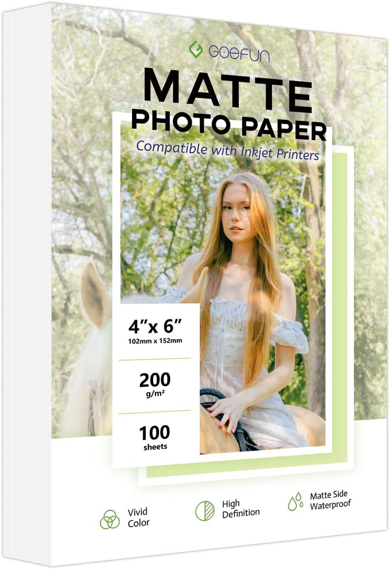 Goefun ورق صور غير لامع 4x6، 200 GSM/54LB ورق صور لطابعة نفث الحبر 100 ورقة للحبر الصبغي والحبر الملون - Image 1